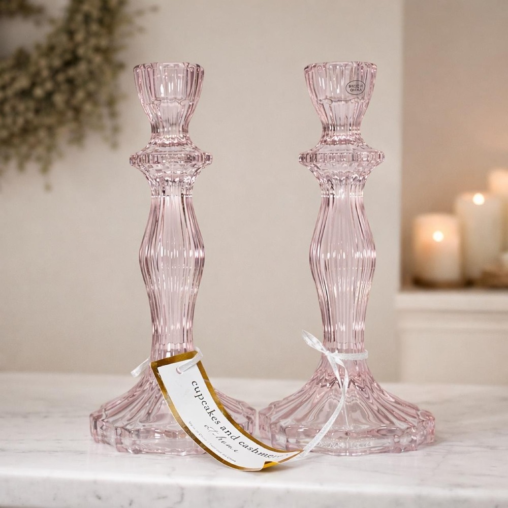 Cupcakes and Cashmere Pink Glass Taper Candle Holders Set of 2